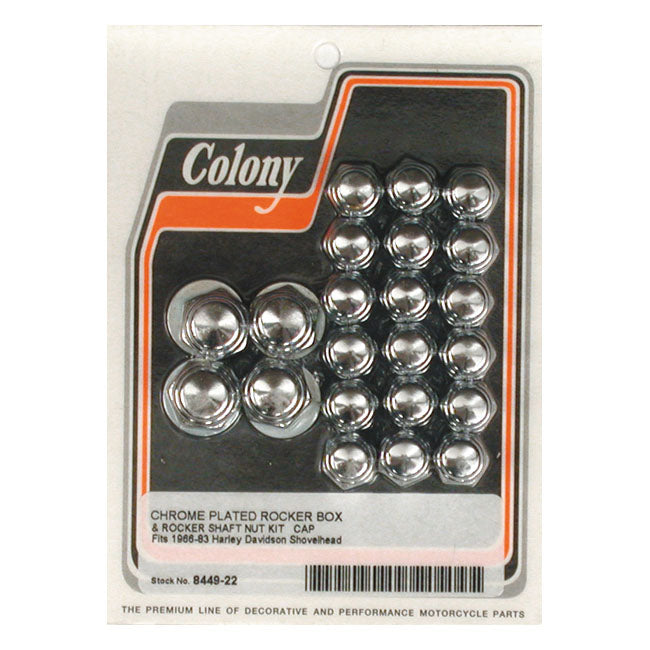 Colony, Shovel Rocker Box Top Nut Kit. Chrome, Cap Style for 66-84 Shovelhead