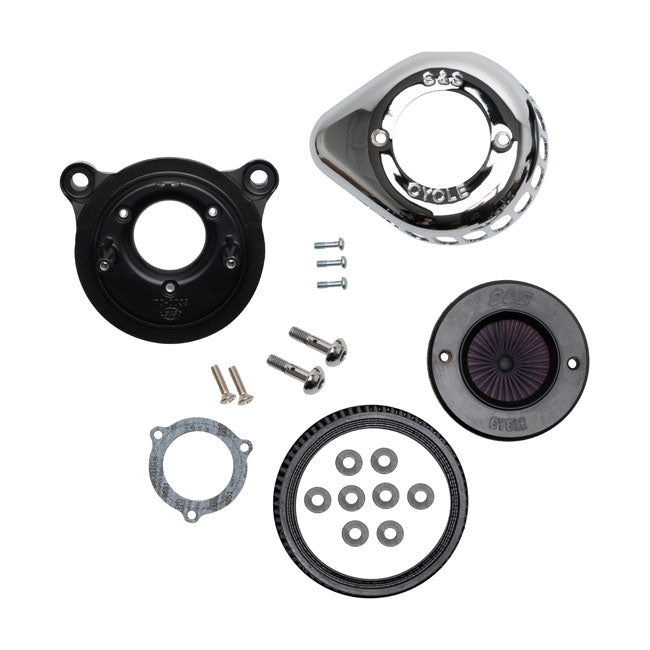 S&S, 'Air Stinger Stealth' Air Cleaner Kit. Teardrop, Chrome for 08-16 Touring; 16-17 Softail With E-Throttle (Excl. Tri-Glide And Cvo Models)