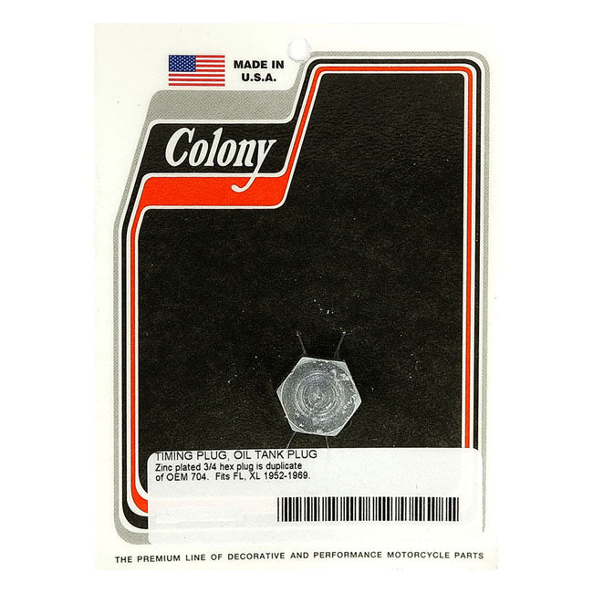 Colony, Timing/Drain Plug. Hex Head. Zinc for 38-99 Big Twin(Excl. Twin Cam); 52-03 XL; 38-73 45" Flathead : Timing Plug. L1981 FLH 80 Classic; 54-81 K, XL : Oil Tank. 80-82 FXWG : Foot Lever & Bracket Assembly Rear Brake.