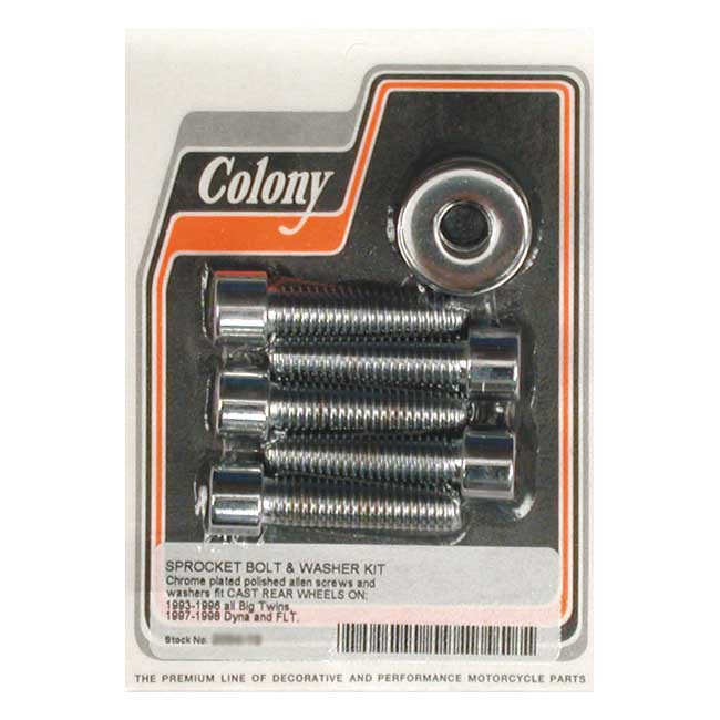 Colony 7/16 Sprocket Bolt Kit for Cast Rear Wheels: 93-96 All Big Twin; 97-98 Flt; 91-99 XL. Cast & Laced Wheels: 97-99 Softail; 93-99 Dyna; 99-08 Flt; 00-20 XL.
