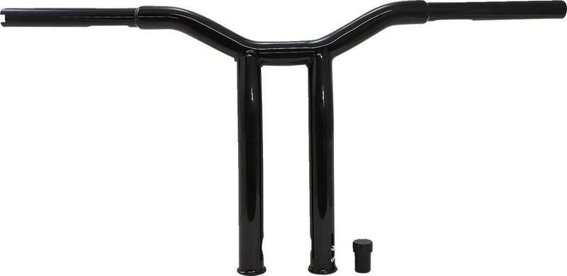 Burly Brand 12 Inch High Dominator Raked 1-1/4 Inch T-Bar Handlebars In Gloss Black For Harley-Davidson 1982-2021 Models With Mechanic Or E-Throttle With 3-1/2 Mount Bolt Spacing