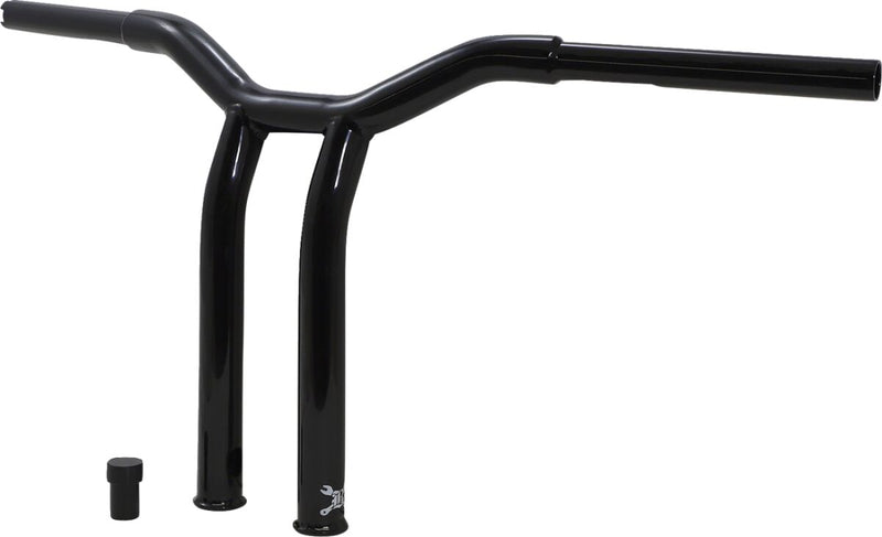 Burly Brand 12 Inch High Dominator Raked 1-1/4 Inch T-Bar Handlebars In Gloss Black For Harley-Davidson 1982-2021 Models With Mechanic Or E-Throttle With 3-1/2 Mount Bolt Spacing