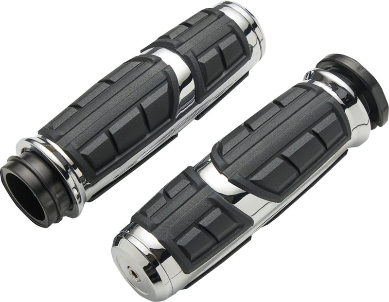 Ciro Chicane™ Grips for 2008-2024 Harley-Davidson Chrome Silver Closed End No Flange Aluminium Rubber Pair