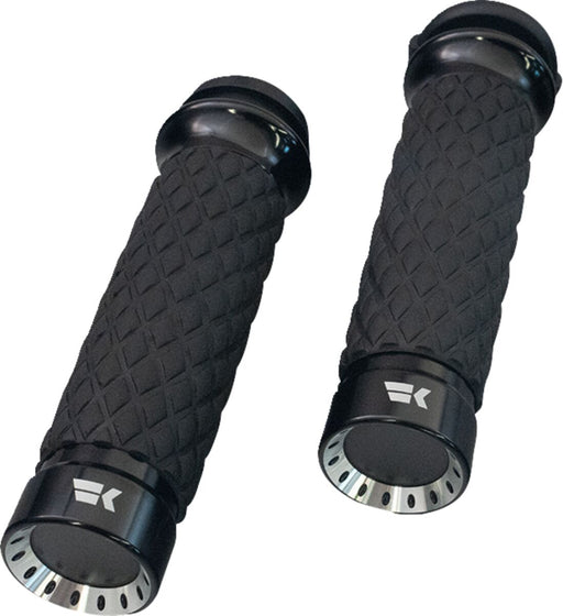 Khrome Werks Turbine Grips for 2008-2025 Harley-Davidson Custom Contour Black Closed End Diamond Knurled Aluminium Rubber Pair