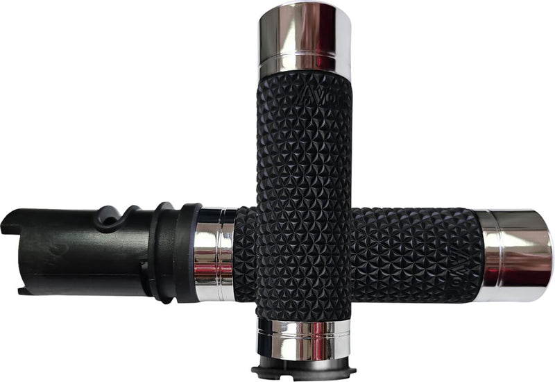 Avon Grips K25 Grips for 2023-2026 Harley-Davidson Black Chrome Silver Closed End Diamond Knurled Billet Aluminium Kraton™ Rubber Pair