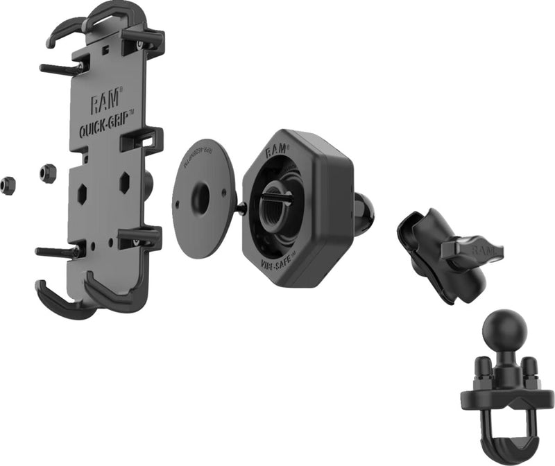 RAM Mounts Quick Grip™ Phone Mount with U-Bolt Base Quick-Grip™ Vibe Safe™ Cradle Black Flat Anti-Vibration Universal Composite Each