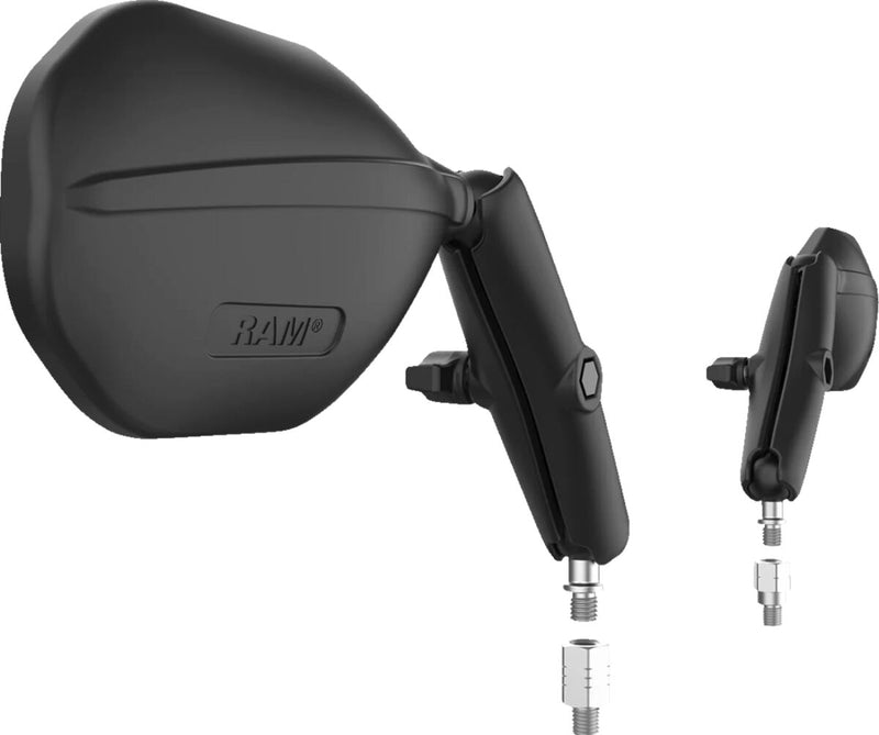 RAM Mounts Tough-Mirror™ Kit with M10-1.25 Bases/Reverse Adapter - Long Arm Black Powder-Coated Left Right Ball and Socket Side View Aluminium Comp...