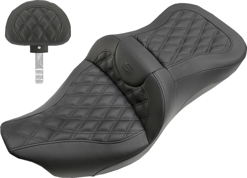 Saddlemen Road Sofa Lattice Stitch Extended Reach Seat w/Backrest for 2009-2013 Harley-Davidson Trike and 2008-2025 Harley-Davidson Touring Models Black