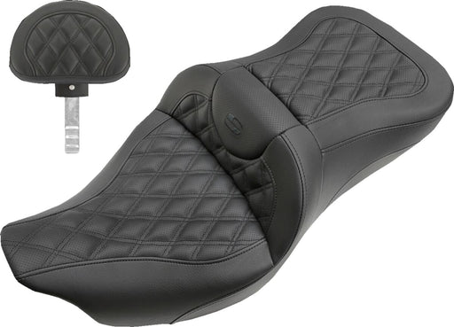 Saddlemen Road Sofa Lattice Stitch Extended Reach Seat w/Backrest for 2009-2013 Harley-Davidson Trike and 2008-2025 Harley-Davidson Touring Models Black