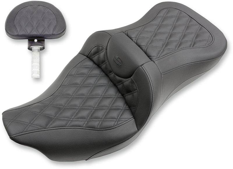 Saddlemen Road Sofa Lattice Stitch Extended Reach Seat w/Backrest for 2009-2013 Harley-Davidson Trike and 2008-2025 Harley-Davidson Touring Models Black #808-07B-184BR
