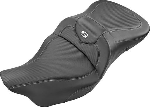 Saddlemen Black Extended Reach Heated Road Sofa Carbon Fibre Seat for 2008-2025 Harley-Davidson Touring Models