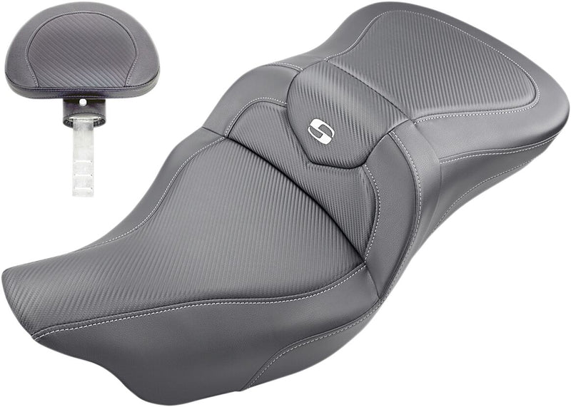 Saddlemen Black Extended Reach Road Carbon-Fibre Sofa Seat w/Backrest for 2008-2025 Harley-Davidson Touring Models Black| Silver