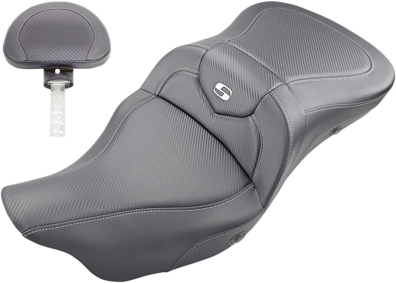Saddlemen Black Extended Reach Heated Road Sofa Carbon Fibre Seat w/Backrest for 2008-2025 Harley-Davidson Touring Models
