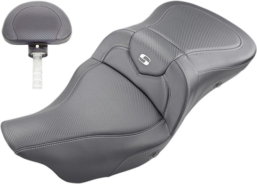 Saddlemen Black Extended Reach Heated Road Sofa Carbon Fibre Seat w/Backrest for 2008-2025 Harley-Davidson Touring Models