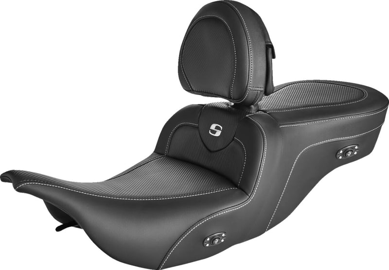 Saddlemen Black Roadsofa Carbon Fibre Seat w/Driver Backrest and Heater for 1997-2007 Harley-Davidson Electra Glide and 1998-2007 Harley-Davidson Road Glide