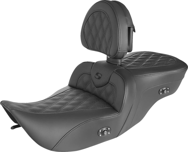 Saddlemen Black Lattice Stitch Heated Roadsofa Seat w/Backrest for 1997-2007 Harley-Davidson Road King and 2006-2007 Harley-Davidson Street Glide Motorcycles