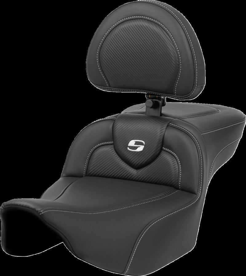 Saddlemen Black Carbon Fibre Roadsofa Silver Stitch Extended Reach Seat w/ Drivers Backrest for 2023-2026 Harley-Davidson Touring Models