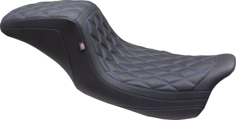 Mustang Double Diamond Squareback Seat for 2008-2025 Harley-Davidson Black Blue 2-Up Seat One-Piece Vinyl