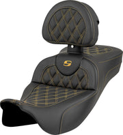 Saddlemen Roadsofa™ Extended Reach Seat for 2008-2025 Harley-Davidson Black Gold One-Piece Leather Saddlehyde™