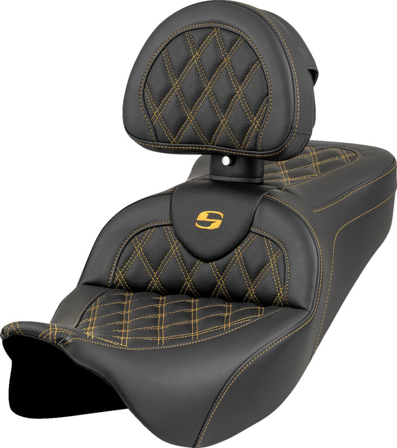 Saddlemen Roadsofa™ Seat for 2008-2025 Harley-Davidson Black Gold One-Piece Leather Saddlehyde™