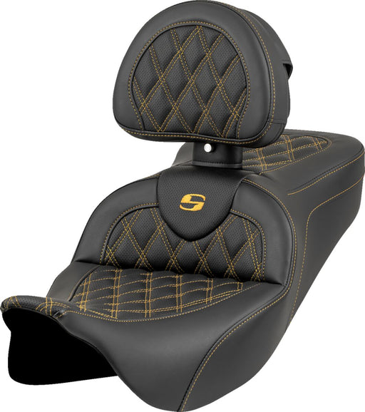 Saddlemen Roadsofa™ Seat for 2008-2025 Harley-Davidson Black Gold One-Piece Leather Saddlehyde™