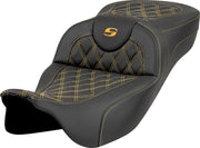 Saddlemen Roadsofa™ Extended Reach Seat for 2008-2025 Harley-Davidson Black Gold One-Piece Leather Saddlehyde™ #808-07B-18407
