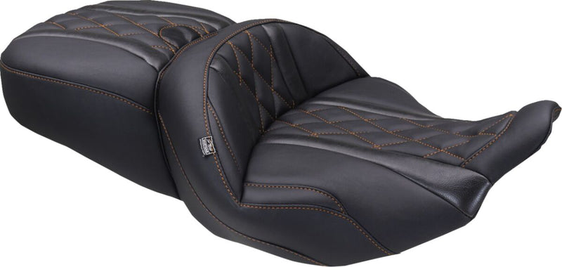 Mustang Deluxe Touring Seat for 2023-2026 Harley-Davidson Black Orange 2-Up Seat One-Piece Vinyl