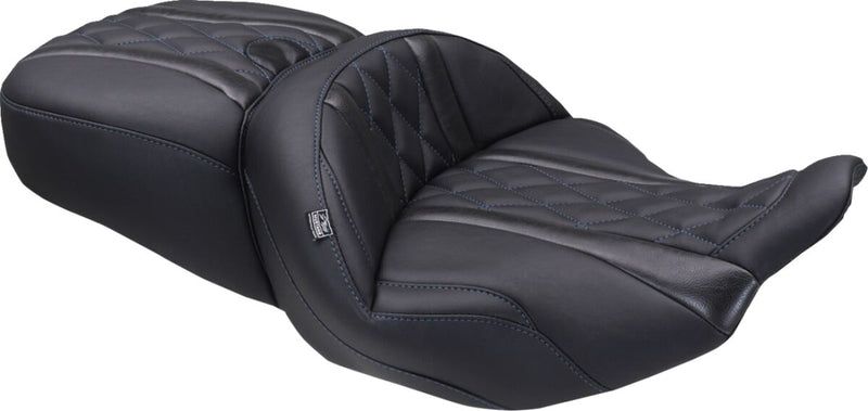 Mustang Deluxe Touring Seat for 2023-2026 Harley-Davidson Black Blue 2-Up Seat One-Piece Vinyl