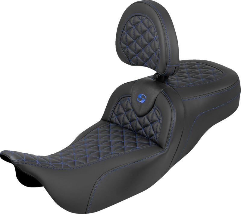 Saddlemen Extended Reach RoadSofa™ Tri Gripper Seat for 2008-2025 Harley-Davidson Black Blue 2-Up Seat Saddlehyde™
