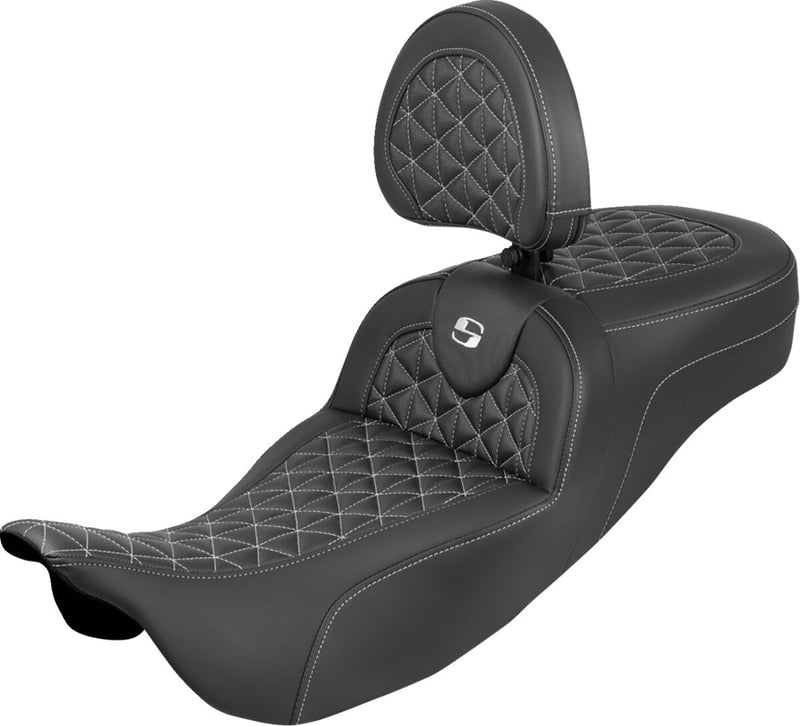 Saddlemen Extended Reach RoadSofa™ Tri Gripper Seat for 2008-2025 Harley-Davidson Black White 2-Up Seat Saddlehyde™ #808-07B-211B6