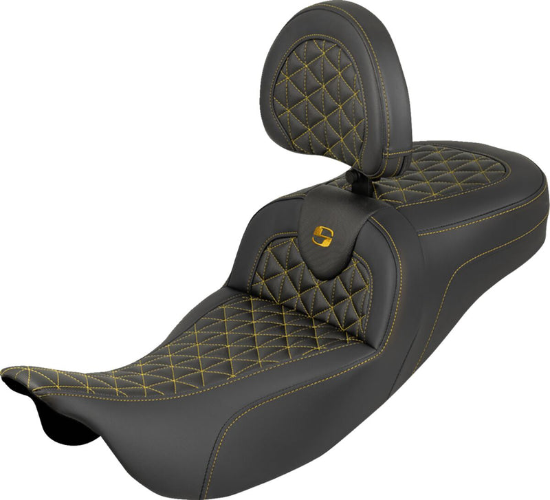 Saddlemen RoadSofa™ Tri Gripper Seat for 2008-2025 Harley-Davidson Black Gold 2-Up Seat Saddlehyde™