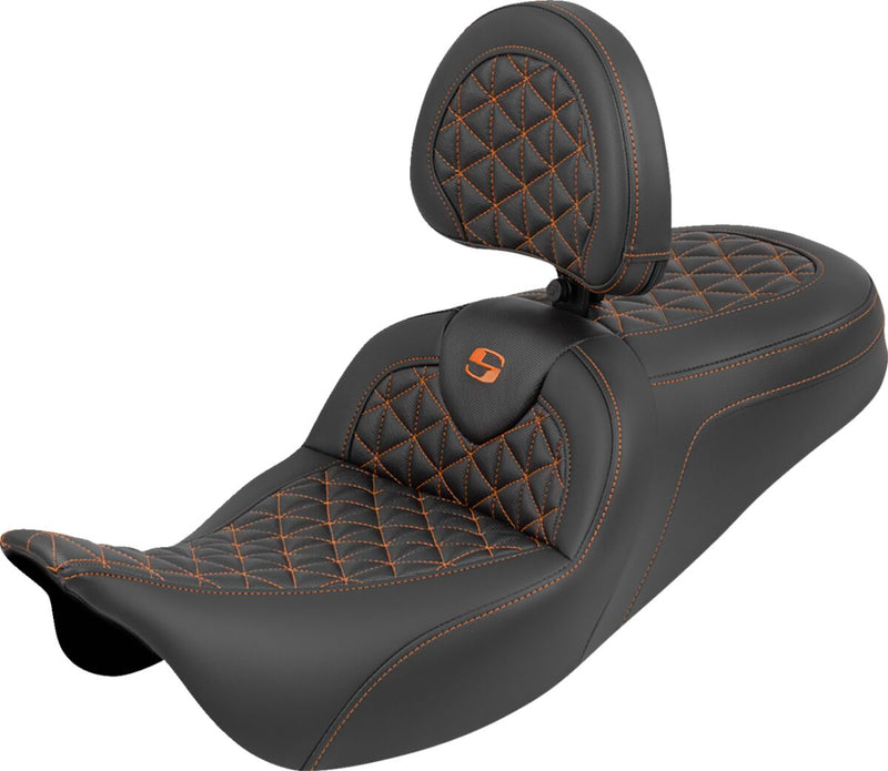 Saddlemen RoadSofa™ Tri Gripper Seat for 2008-2025 Harley-Davidson Black Orange 2-Up Seat Saddlehyde™ #808-07B-210B3