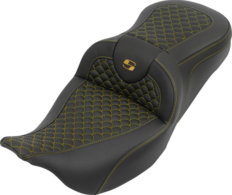 Saddlemen RoadSofa™ Seat for 2008-2025 Harley-Davidson Black Gold One-Piece Saddlehyde™