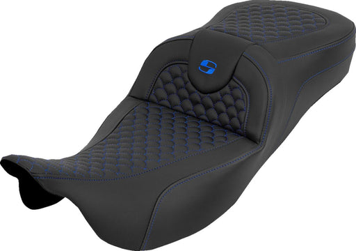 Saddlemen Extended Reach RoadSofa™ Seat for 2008-2025 Harley-Davidson Black Blue 2-Up Seat Saddlehyde™