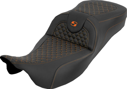 Saddlemen Extended Reach RoadSofa™ Seat for 2008-2025 Harley-Davidson Black Orange 2-Up Seat Saddlehyde™