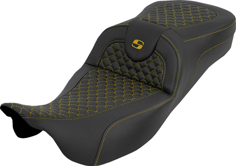 Saddlemen Extended Reach RoadSofa™ Seat for 2008-2025 Harley-Davidson Black Gold 2-Up Seat Saddlehyde™