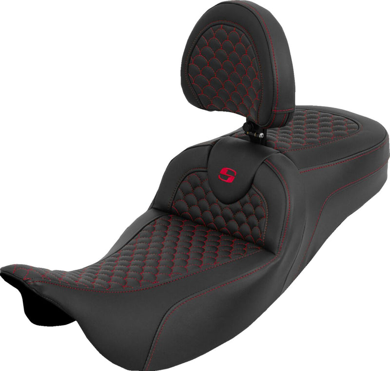 Saddlemen Dragon Scale Stitch RoadSofa™ Seat for 2008-2025 Harley-Davidson Black Red 2-Up Seat Saddlehyde™