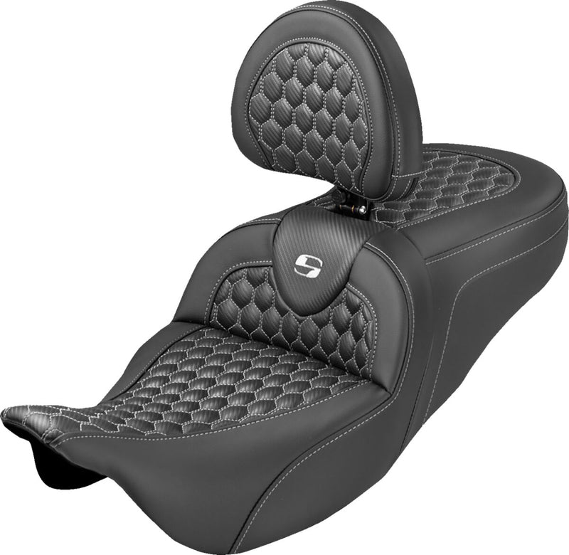 Saddlemen Extended Reach RoadSofa™ Seat for 2008-2025 Harley-Davidson Black White 2-Up Seat Saddlehyde™
