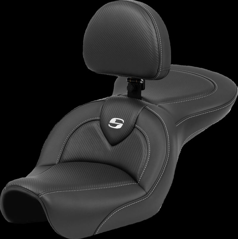 Saddlemen Black Carbon Fibre Roadsofa Black Stitch Seat w/ Drivers Backrest for 2004-2005 Harley-Davidson Dyna Low Rider and 2004-2005 Harley-Davidson Dyna Super Glide Motorcycles