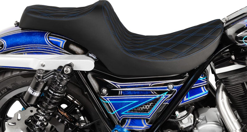 Drag Specialties Black Double Diamond Stitch Vinyl Predator III Seat w/Black Thread for 1982-1994,1999-2000 Harley-Davidson FXR Motorcycles