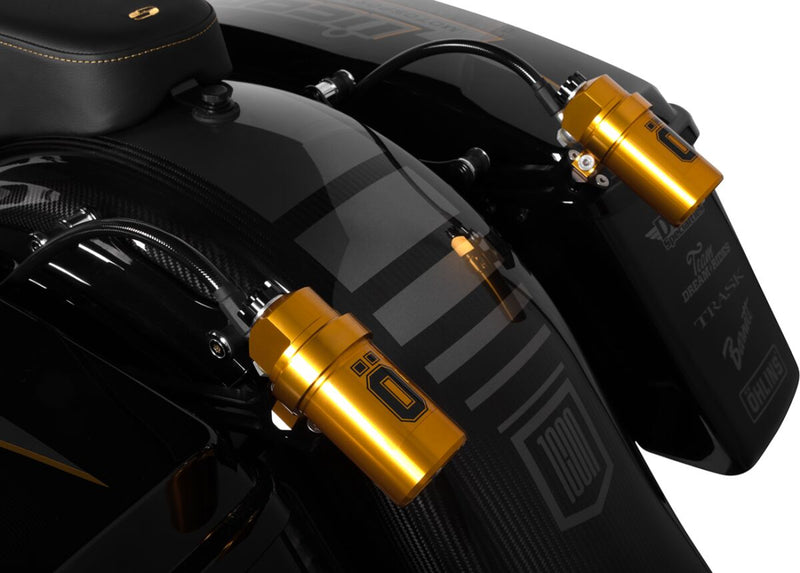 Ohlins STX 36 Blackline Twin Shock Absorber 328.5mm With Golden Reservoirs For Harley-Davidson 2014-2024 Touring Models