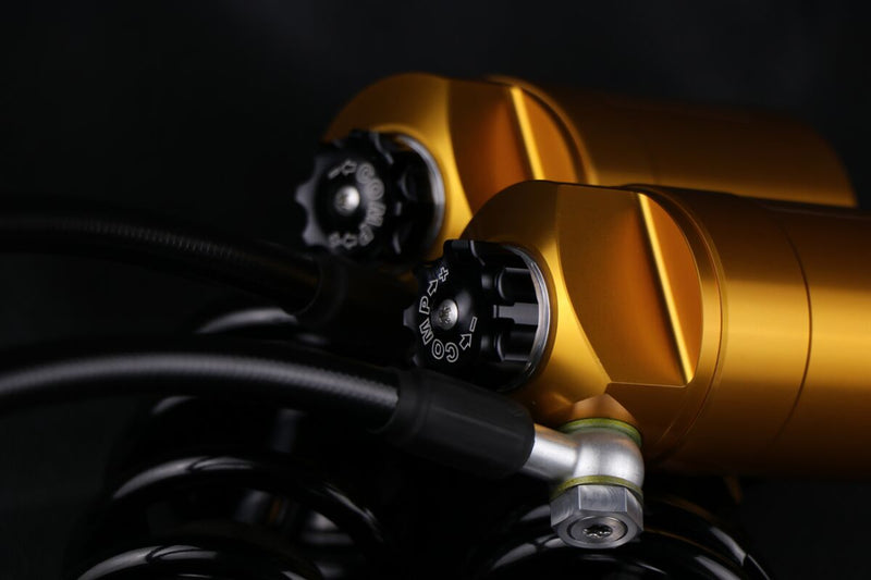 Ohlins STX 36 Blackline Twin Shock Absorber 328.5mm With Golden Reservoirs For Harley-Davidson 2014-2024 Touring Models