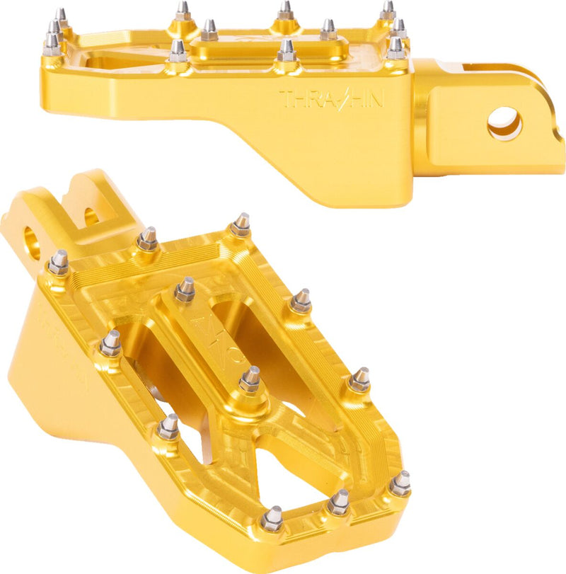 Thrashin Supply Co. Aggressor Foot Pegs for 2018-2025 Harley-Davidson Anodised Gold Front 6061 Billet Aluminium Stainless Steel Pair #TSC-2022-5-SF