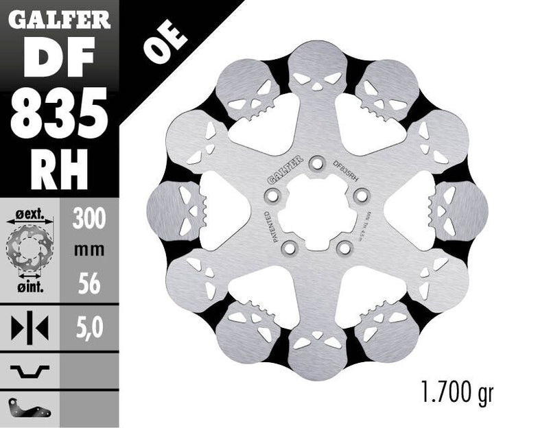 Galfer BRAKE ROTOR FIXED SKULL for 2004-2024 Harley-Davidson Contour Black Silver Solid-Mount Front One Piece (Fixed) Stainless Steel Each