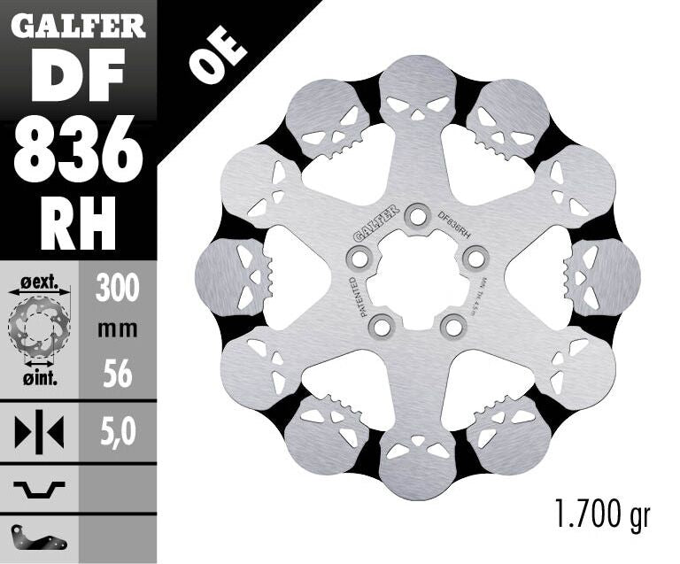 Galfer BRAKE ROTOR FIXED SKULL for 2008-2019 Harley-Davidson Black Silver Solid-Mount Front One Piece (Fixed) Stainless Steel Each
