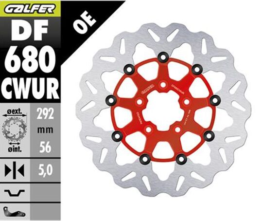 Galfer DF680CWUR for 2000-2023 Harley-Davidson Floating Wave® Brake Rotor Red Silver Full-Floating Two Piece (Floating) Aluminium Stainless Steel