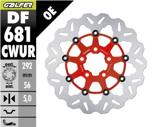 Galfer DF681CWUR for 2000-2017, 2022-2023 Harley-Davidson Floating Wave® Brake Rotor Red Silver Full-Floating Two Piece (Floating) Aluminium Stainl...