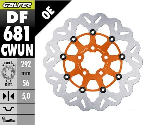 Galfer DF681CWUN for 2000-2017, 2022-2023 Harley-Davidson Floating Wave® Brake Rotor Orange Silver Full-Floating Two Piece (Floating) Aluminium Sta...
