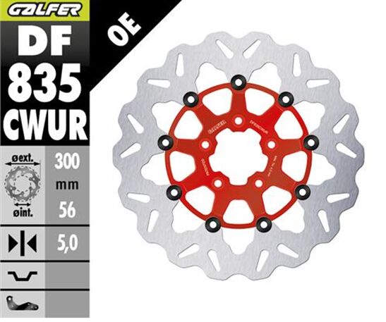 Galfer DF835CWUR for 2004-2024 Harley-Davidson Floating Wave® Brake Rotor Red Silver Full-Floating Two Piece (Floating) Aluminium Stainless Steel
