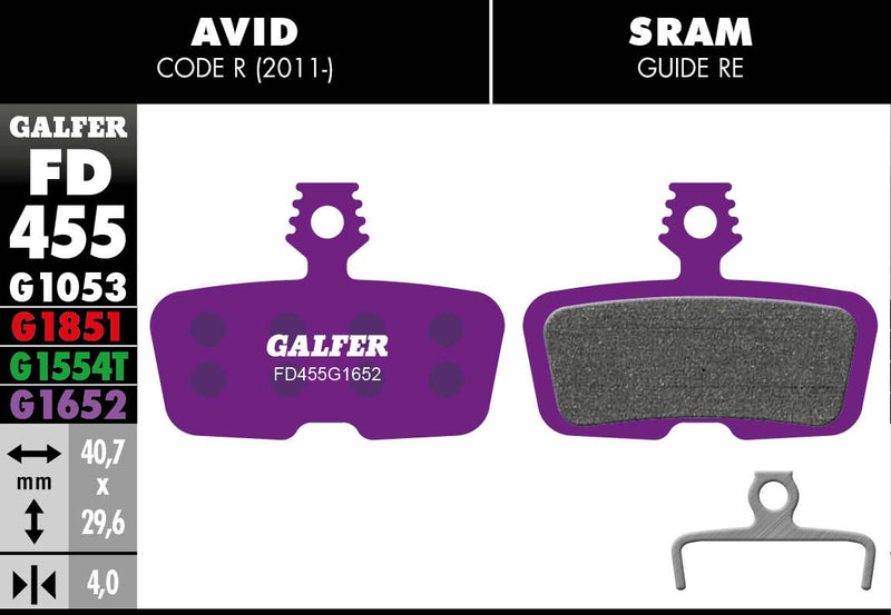 Galfer G1652 E-Bike Brake Pads Avid Code R (2011-) SRAM Guide RE Bicycle Semi-Metallic #FD455G1652